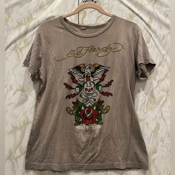 Ed Hardy Y2K vintage tee skull rose red green gold grey casual short sleeve Med - Picture 2 of 9